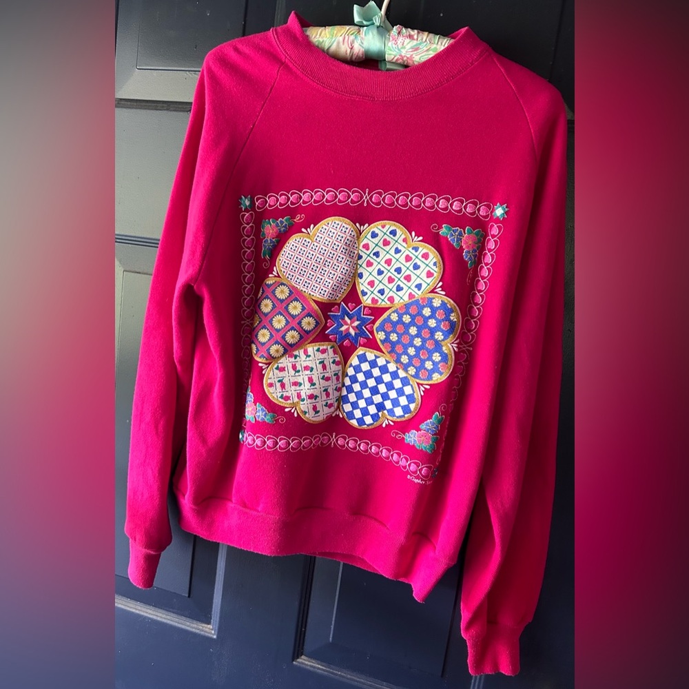fuscia large vintage sweatshirt gopher brand hearts faux quilted